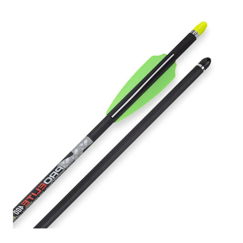 Pro Elite 400 Grain 20 Inch Carbon Crossbow Arrows Alpha Brite Nock 3 Pack showing green fletching and groove