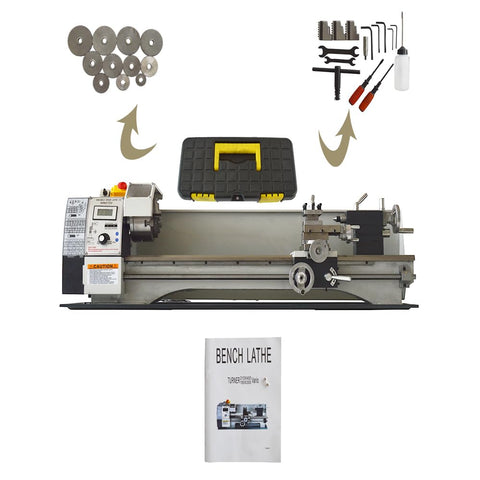 LGXEnzhuo WM210V Mini Metal Lathe 8 Inch Capacity Brushless Motor 1100 Watt Variable Speed Precision Benchtop Machine Tool For Wood And Aluminum Projects with tools and manual.