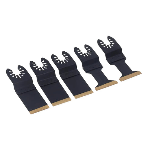 Titanium Plated Oscillating Saw Blades Set High Carbon Steel Universal Fit 5 Pack With Spacers For Metal Cutting Heavy Duty Pro Grade Blades For Soft Metals Smooth Long Lasting Performance, five black blades