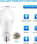 Super Bright Daylight 5000K A21 LED Bulbs 2500 Lumens E26 Base Non Dimmable 23W with features diagram