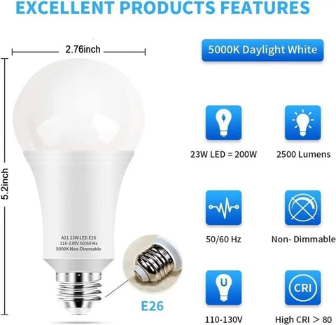 Super Bright Daylight 5000K A21 LED Bulbs 2500 Lumens E26 Base Non Dimmable 23W with features diagram