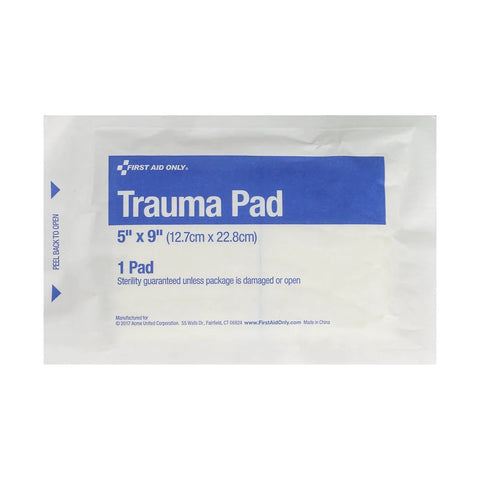 Front view of First Aid Only Trauma Pad package, 5 x 9 inches, sterile, 1 pad.