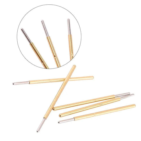 Close-up of 100 Pack 0.68mm Spring Test Probes With Round Head Pogo Pins For PCB Testing, 16mm Length, gold-plated design