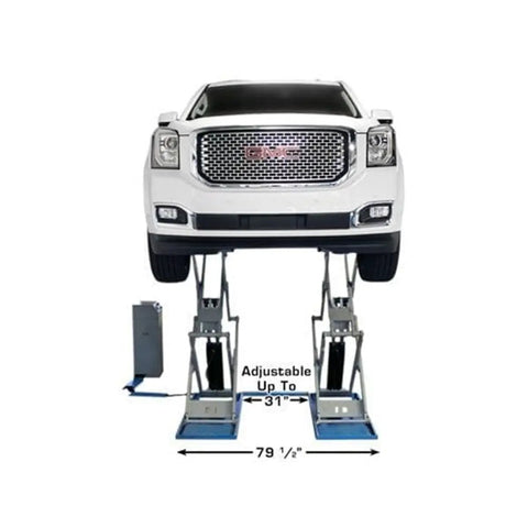 Shop Beast Commercial Scissors Lift, 9000 Lb Auto Garage Hoist elevating a GMC SUV, adjustable height up to 31 inches.
