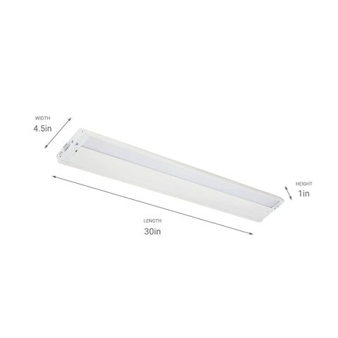 4U Series 30 Inch LED Under Cabinet Light 120V White 3000K Diffused Task Lighting For Kitchens, slim design with dimensions labeled