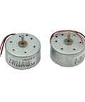 Two Pack 2V DC Mini Motors, 3500 RPM, Solar Ready Rotary Drive For DIY Projects, compact metal motors with wiring, side view.