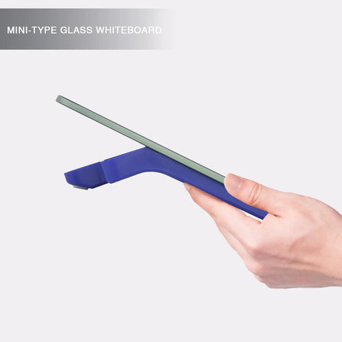 Side view of handheld Navy Blue Glass Desktop Whiteboard Mini 8x6 Inch With Pen Holder, showing sleek design and metallic finish.