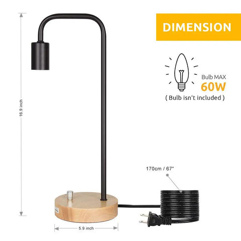 Industrial Desk Lamp With Vintage Edison Style Dope Look For Dorm, Office, Bedroom Or Living Room Space Saving Black Table Light, 16.9in Tall, 5.9in Wide, 67in Cord, Bulb Not Included dimensions