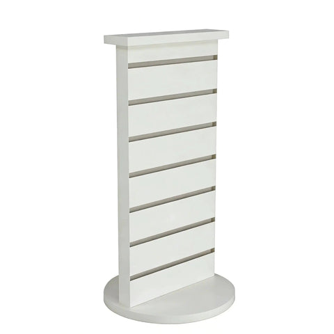 Two Sided Slatwall Counter Spinner Display Rack In Maple Finish For Giftware And Jewelry, Rotating Spin Rack With Black Base