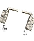 Pair of zinc alloy L-shaped damping hinges with mounting holes, right and left, chrome finish