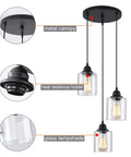 Three Light Industrial Pendant Light With Glass Shade Matte Black Finish Adjustable Height Modern Hanging Fixture details