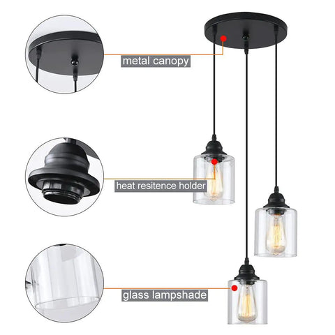 Three Light Industrial Pendant Light With Glass Shade Matte Black Finish Adjustable Height Modern Hanging Fixture details