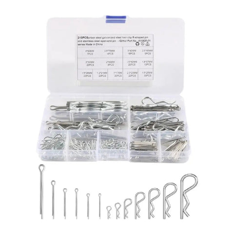210 Piece Hairpin Cotter Pin Assortment Kit for Power Equipment R Clips in a Sturdy Storage Case with Labeled Sizes, All-In-One Bolt Security Set for Mowers, Trailers, Machinery, Quick Fixes, labeled plastic case with stainless steel pins