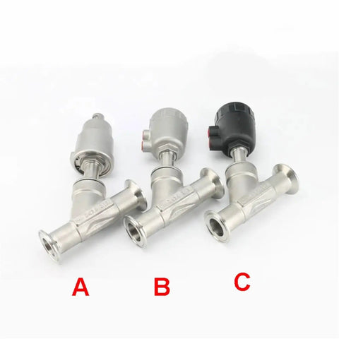 Tri Clamp Y Shaped 304 Stainless Steel Pneumatic Actuated Angle Valve For Steam Gas Oil Water, From DN15 To DN50 Size Range, BSPT Connection, Dual Stainless Steel Body For Industrial Piping, three angles