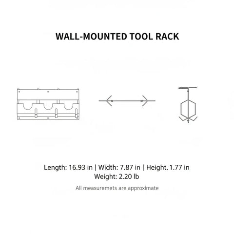 Diagram of Heavy Duty Iron Wall Mounted Tool Rack For Garage with dimensions and weight specifications.
