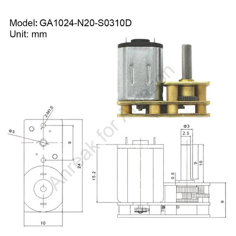 Two Pack Micro DC Motors N20 Flip With Metal Gear, 12V 50 RPM, 6V 25 RPM, 3V 12.5 RPM, M3 X 10mm Shaft, diagram and side view