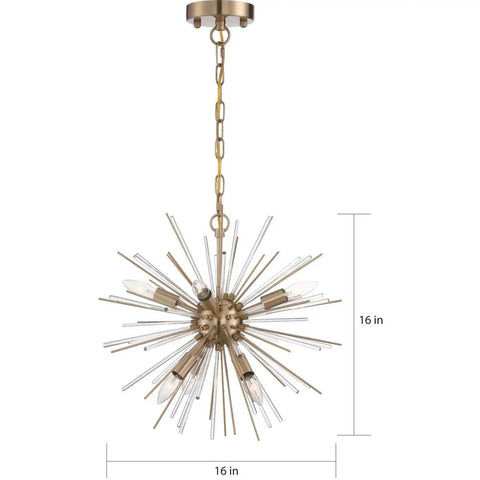 Cirrus Six Light Chandelier With Vintage Brass Finish And Clear Glass Rods 16-inch Indoor Dry Rated Ceiling Light Fixture