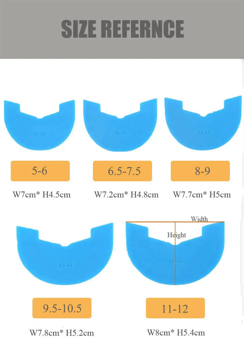 Sneaker Heel Protector size chart showing sizes and dimensions for Self Adhesive Upgraded Non Slip Pads in multiple shoe sizes.