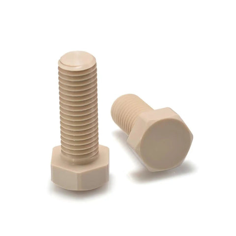 Pro Grade PEEK Hex Head Screws M14X110, 10 Piece Pack of beige plastic fasteners with hex heads for high heat resistance.