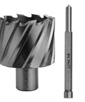 Two-piece annular cutter and long pilot drill bit, metallic gray steel tools for magnetic drill press
