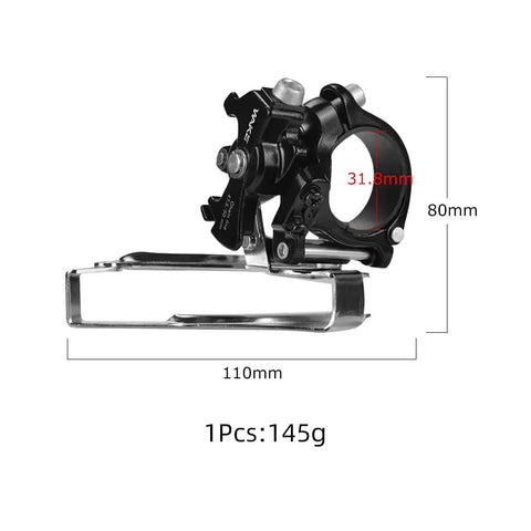 Front Derailleur Clamp On Three Speed For Mountain And Road Bikes With Top Or Bottom Routing Adjustable 31 8Mm To 34 9Mm Clamp Size And Big Gear Compatibility With 6 11 Speed Or 18 33 Speed Setups, shown with dimensions.