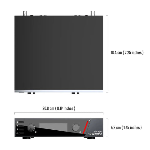 Dual Channel UHF Wireless Microphone System with dimensions shown from top and front views