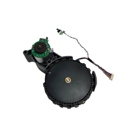 BCWBLWE omni-directional front wheel assembly for Roborock vacuums, with black wheel, green PCB motor, and wiring harness.