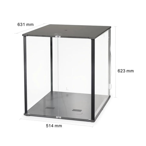3D Printer Enclosure For Bambu Lab A1 With Fume And Odor Control, black enclosure with transparent panels and detailed dimensions.