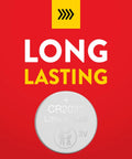 Top Shelf Cr2032 3V Lithium Coin Batteries 10 Pack on red background, showing long-lasting features and cell specifications.