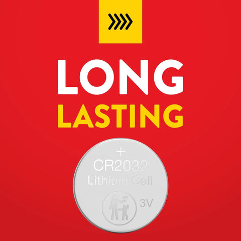 Top Shelf Cr2032 3V Lithium Coin Batteries 10 Pack on red background, showing long-lasting features and cell specifications.