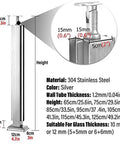 Stainless Steel 304 Railing Post Kit For Outdoor Decks And Stairs Featuring Adjustable Mounts And A Brushed Silver Finish Fit For 10 To 12 Mm Glass Panels with dimensions.