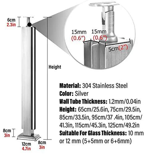 Stainless Steel 304 Railing Post Kit For Outdoor Decks And Stairs Featuring Adjustable Mounts And A Brushed Silver Finish Fit For 10 To 12 Mm Glass Panels with dimensions.
