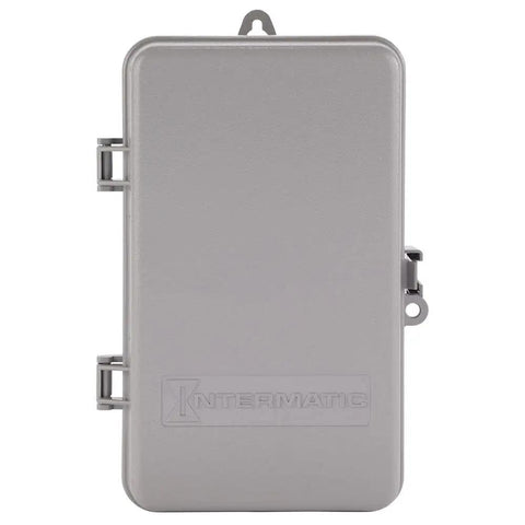 Front view of a Mechanical Irrigation Timer Switch For 125V Systems with rain sensor, gray enclosure, and secure latch.