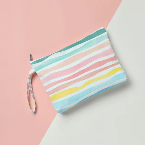 Waterproof Wet Dry Bag Large Travel Organizer Zip Pouch with colorful stripes and hangable handle for swimsuits and toiletries.