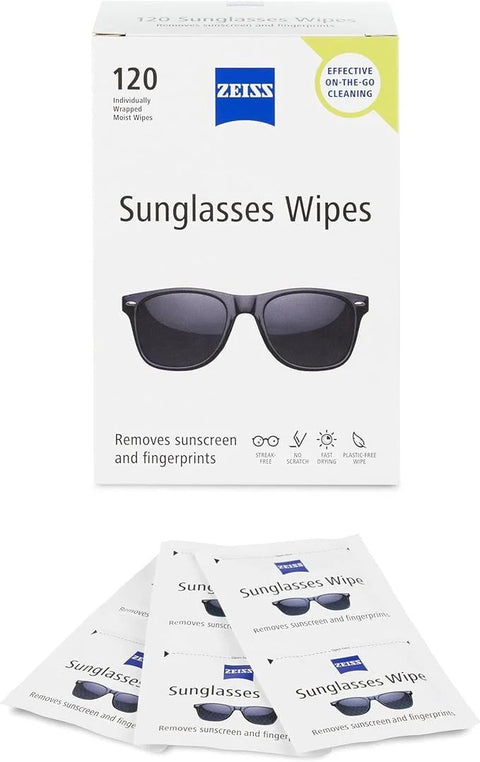 ZEISS Sunglasses Wipes box showing 120 count and scattered individual wipe sachets