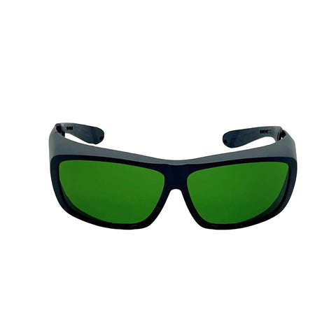 Front view of Top Shelf Dental Laser Safety Glasses Featuring Low Green Tint And Heavy Duty High Od Shielding Ultra Lightweight Protective Gear.