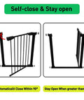 Walk Through Baby Gate With Auto Close And Tension, White Metal Safety Gate For Stairs And Doorways showing self-close and stay open features.