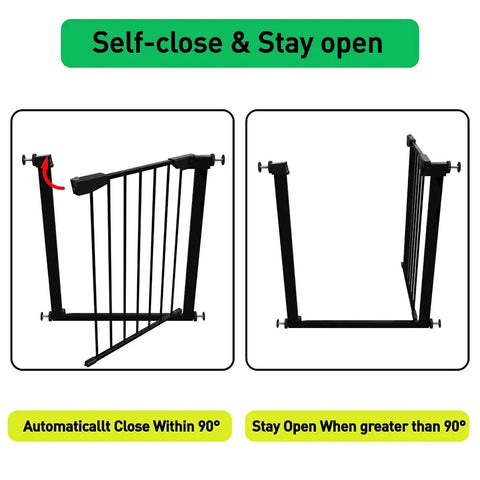 Walk Through Baby Gate With Auto Close And Tension, White Metal Safety Gate For Stairs And Doorways showing self-close and stay open features.