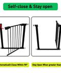 Auto Close Walk Through Baby Gate For Stairs And Doorways With Pressure Mount Or Hardware Mount Kid Safe Pet Friendly Tension Metal Gate In Black Fits 62 To 65 Inches Sturdy Design For Quick Setup And Long Lasting Safety For Kids And Pets showing self-close and stay open feature in diagram.