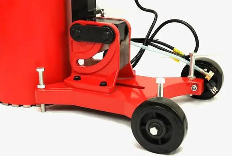 Close-up of the base and wheels of the Badass 12 Inch Concrete Core Drill Rig With 12 Piece Pro Series Diamond Wet Core Bit Set 1 To 12 Inches.
