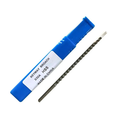Close-up of One Eighth Inch Push Type Keyway Broach For High Speed Steel Cutting Tool with blue casing next to the metal broach.