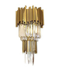 Sleek Led Wall Sconce Textured Crystal Glass Rod Shade Brushed Steel Frame illuminated gold accent design hanging light fixture.