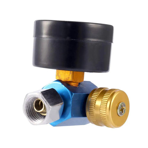Heavy Duty Airbrush Regulator With Slick Pressure Gauge Auto Paint Spray Gun Control Unit 0 To 160 Psi Adjustable Range detailing blue and gold metal design.