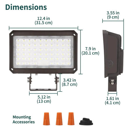 Dimensions of Ultra Bright 200W LED Flood Light With Dusk To Dawn Photocell Adjustable 200W 150W 100W 26,000 Lumens shown
