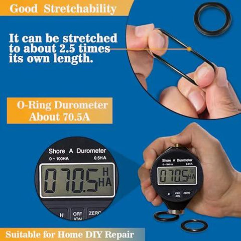 Front view of O-ring assortment kit with black nitrile O-rings and a durometer gauge showing 70.5 Shore A