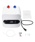 Game Changer 1.5 Kilowatt Mini Tank Water Heater With Sick 2.1 Gallon Instant Hot Water Delivery showing compact design, temperature control panel, and accessories.