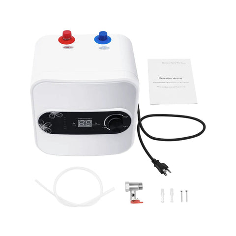No-Fuss Compact Under Sink Electric Water Heater 2.1 Gallon Tank 110V 1500W showing control panel and accessories for installation.