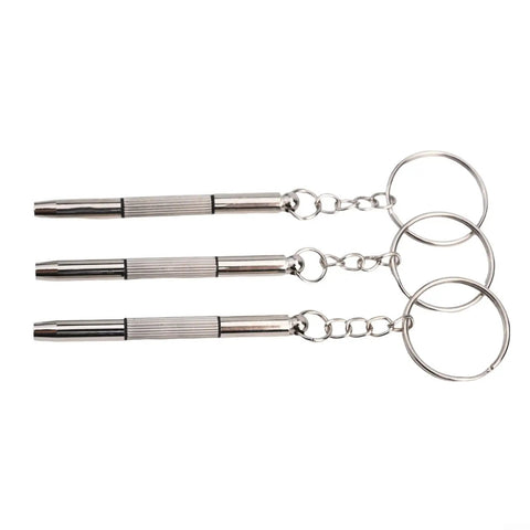 Three silver Eyeglass Repair Screwdriver Set 3 In 1 Flathead Phillips Star Nut Driver On The Go Keychain Portable Silver 3 Pack shown.