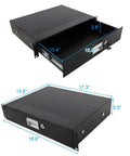 Straight Up Heavy Duty 19 Inch 2U Rack Drawer Cabinet With Secure Lock And Keys Crafted From Solid Steel In Sleek Black, shown open with dimensions.