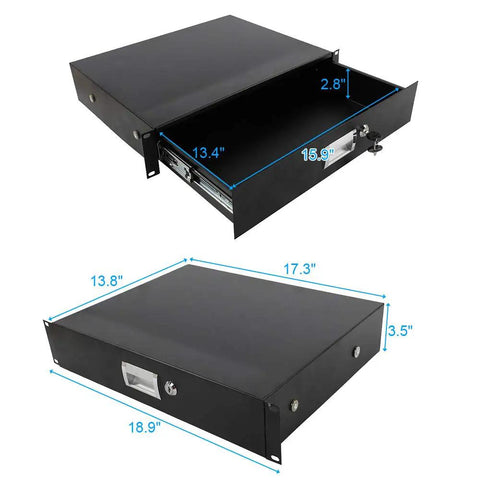 Straight Up Heavy Duty 19 Inch 2U Rack Drawer Cabinet With Secure Lock And Keys Crafted From Solid Steel In Sleek Black, shown open with dimensions.